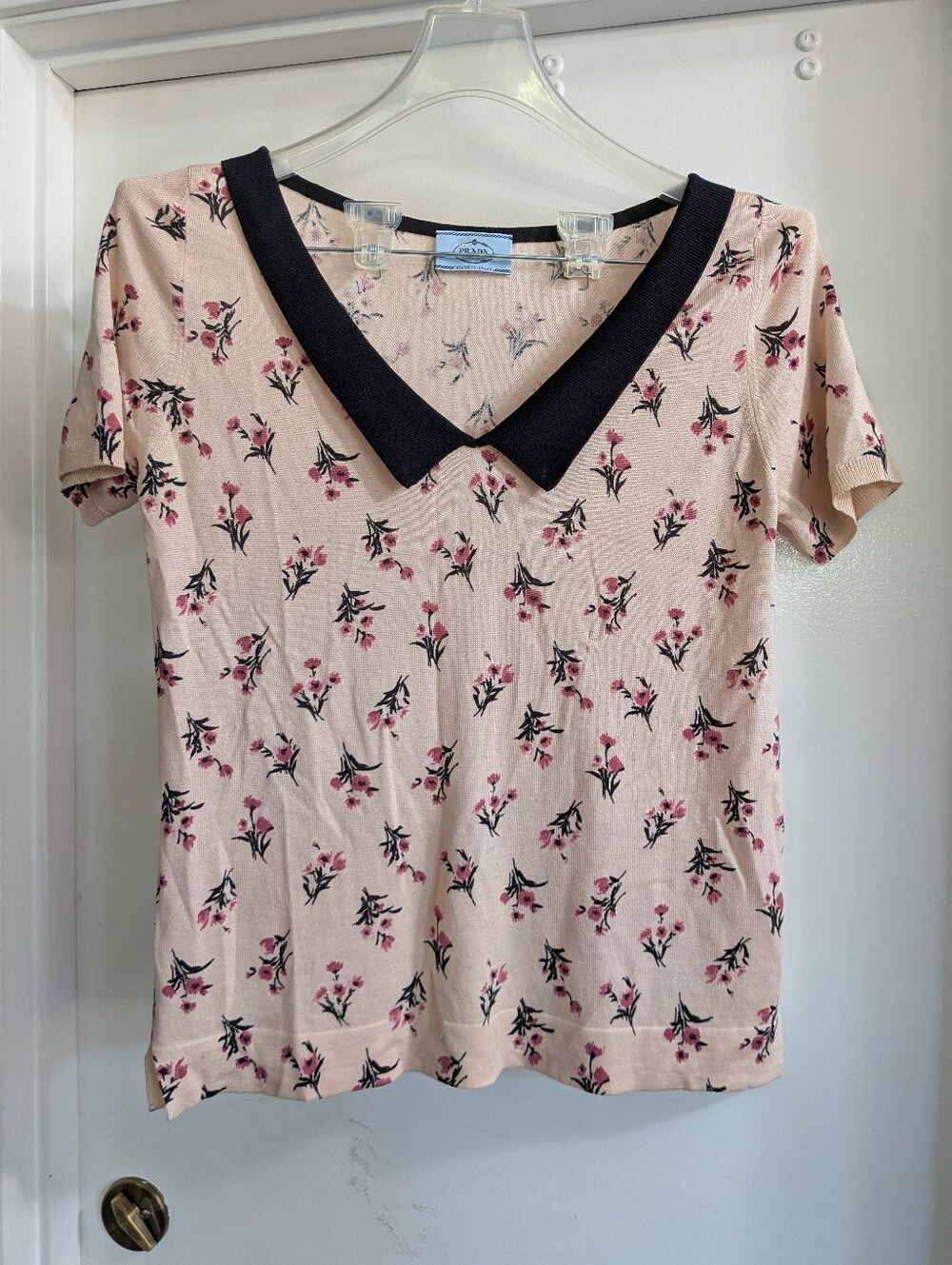 Prada Pink Floral Short-Sleeve Top with Black V-Neck Collar